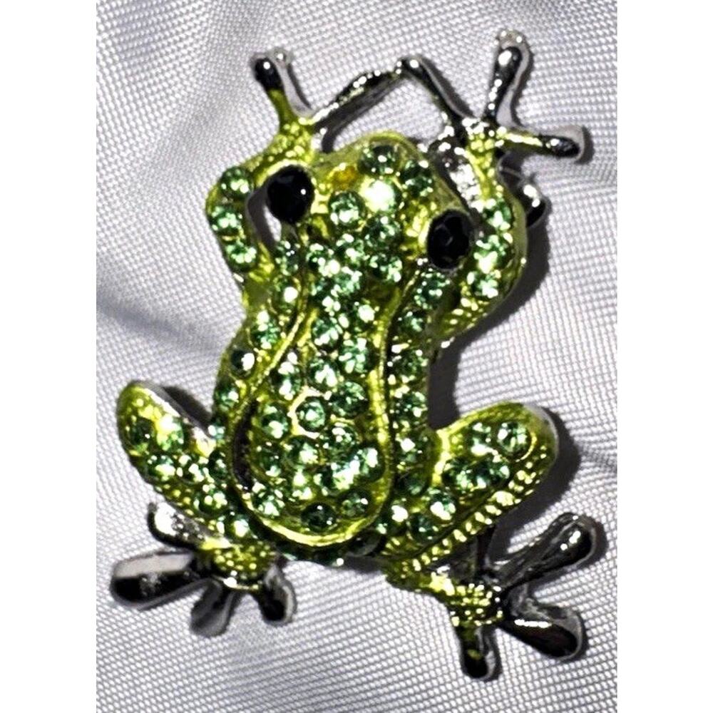 Green Rhinestone Frog Brooch Pin Pavé Round Stones Silver Tone Metal Animal - Picture 3 of 5